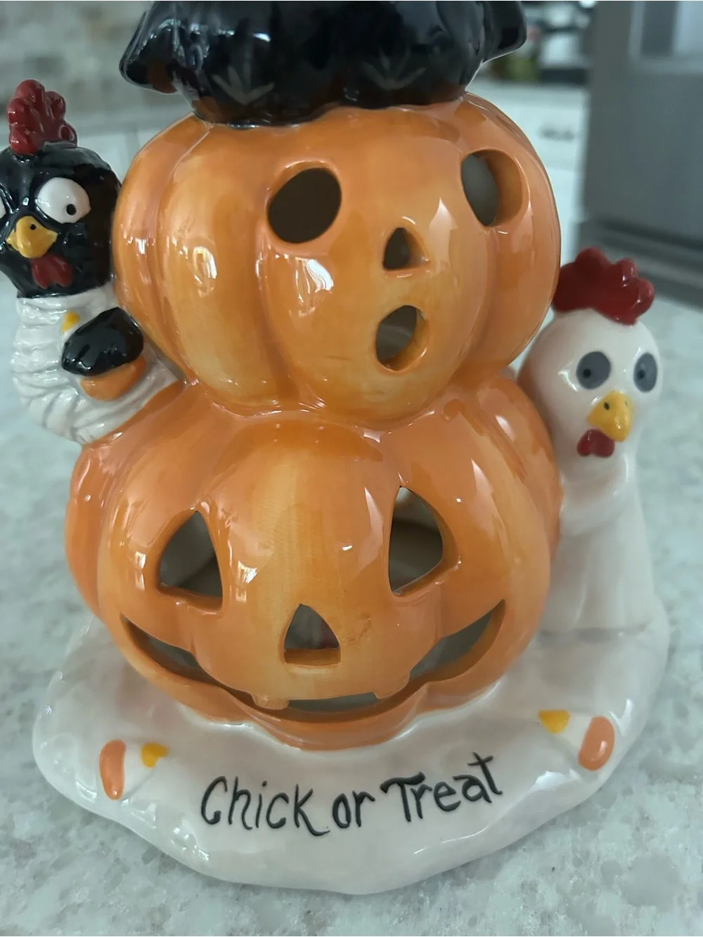 “New” Blue Sky Clayworks Halloween 'Chick or Treat' Pumpkin Stack Tea-light hldr